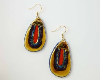 Boucles d'oreilles multicolore turquoise  bleu rouge violet jaune or