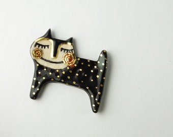 Broche en céramique chat multicolore noir beige rouge or points