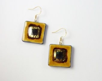 Square gold multicolor ceramic earrings