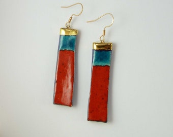 Boucles d'oreilles rectangles multicolore rouge turquoise bleu or