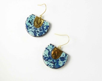 Black turquoise ceramic earrings gold dripping style