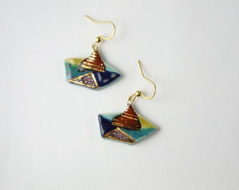 Ceramic earrings boats multicolours gold