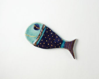 Ceramic brooch whale multicolored gold dots