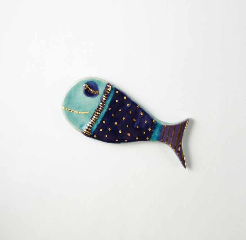 Ceramic brooch whale multicolored gold dots image 1
