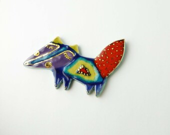 Broche céramique renard multicolore or