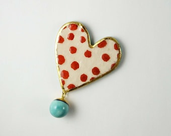 Ceramic brooch heart beige red points gold turquoise ball