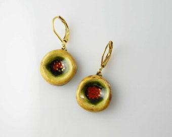 Boucles d'oreilles céramique rouge jaune vert points or