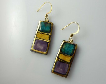 Boucles d'oreilles céramique rectangles jaune violet turquoise bleu or