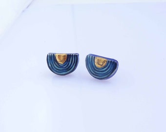 Ceramic earrings half circles turquoise gold lines black