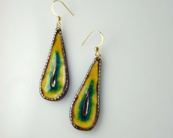 Yellow turquoise blue gold dots ceramic earrings