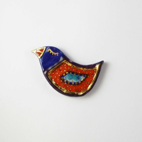 Broche céramique oiseau multicolore or