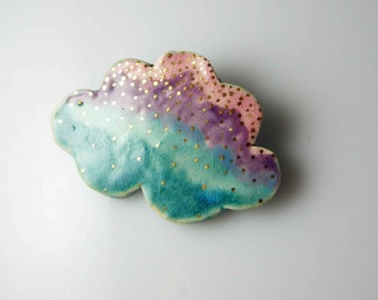 Ceramic brooch multicolor cloud pink purple blee turquoise gold dots