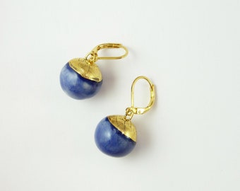 Boucles d'oreilles céramique forme balles bleu or