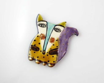 Polycool fox ceramic brooch multicolored gold