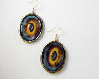 Multicolored ceramic gold oval earrings