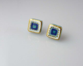 Ceramic earrings squares white blue turquoise gold