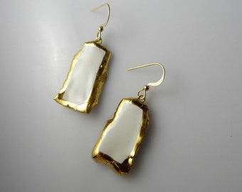 Gold white rectangle ceramic earrings