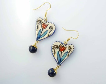 Boucles d'oreilles céramique coeurs beige bleu turquoise rouge or