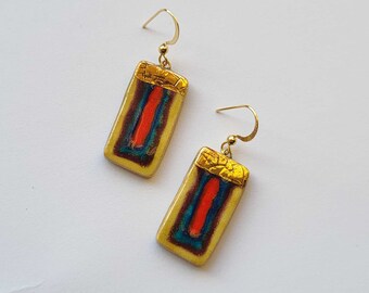 Rectangular ceramic earrings yellow purple red green blue gold