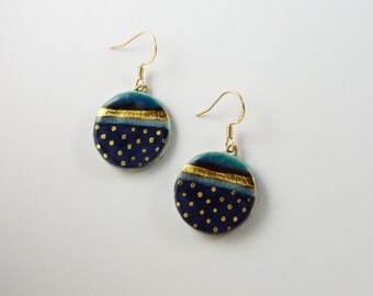 Multicolored earrings circles blue turquoise purple gold dots
