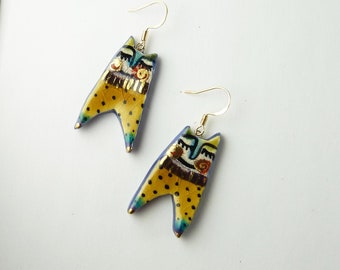 Ceramic earrings cats multicolour gold wellow red blue turquoise black points