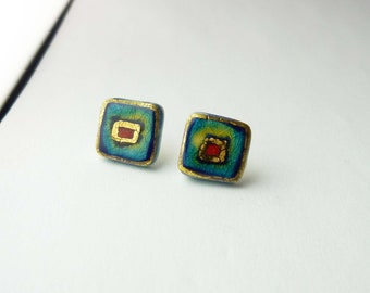 Ceramic earrings square chips turquoise green blue red gold dots