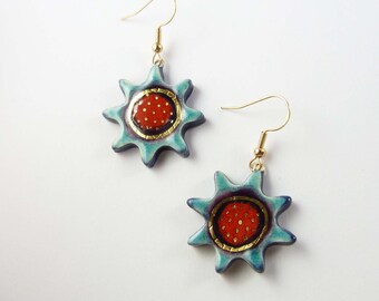 Boucles d'oreilles céramique rouge bleu turquoise points fleurs or