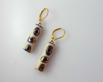 Beige blue gold ceramic earrings