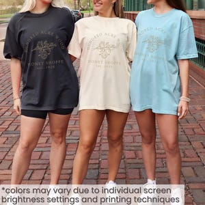 May include: Three t-shirts in charcoal, cream, and light blue, each with a gold graphic and the text "HUNDRED ACRE WOOD HONEY SHOPPE est. 1926." The shirts are oversized and worn with shorts and sneakers. The image text says "colors may vary due to individual screen brightness settings and printing techniques."