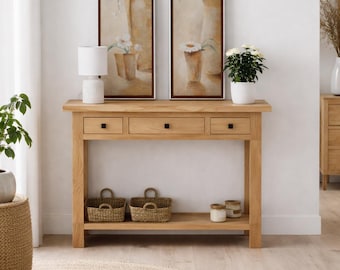 Console PAULA, 3 tiroirs et étagère / Meuble d'entrée en bois massif / Meuble étroit pour entrée, Réf. 810, Dimensions 100 x 25 x 80 cm