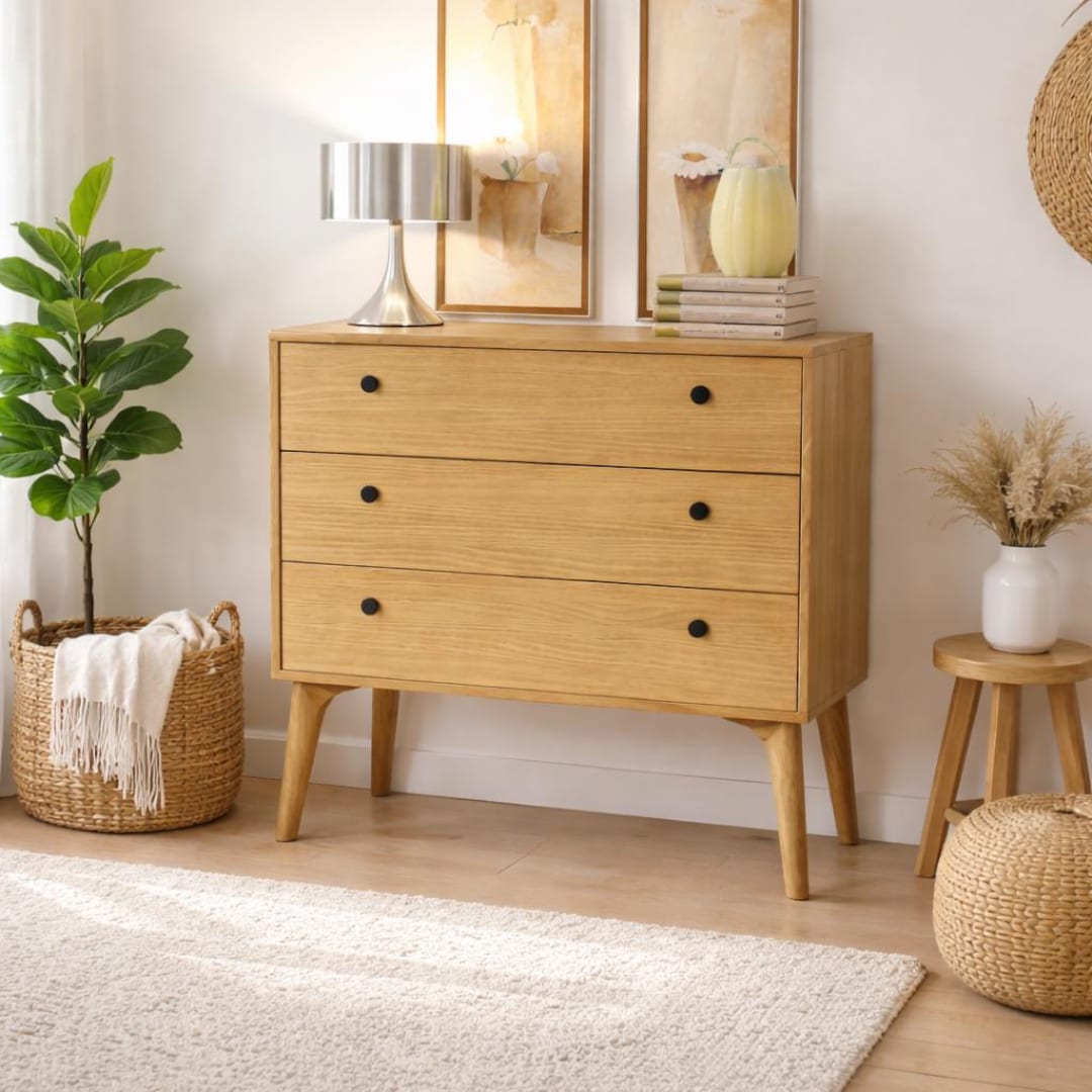 NOVA Kommode mit 3 großen Schubladen / Holzkommode / Aufbewahrungsmöbel mit Schubladen / Schlafzimmerkommode für Kleidung, Art.-Nr. 1500, Maße 90*35*87h
