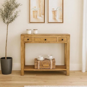 Consola DOMO 3 cajones y estante/ Mueble recibidor en madera maciza/ mueble entrada estrecho, Ref.800, Medidas 90*25*80