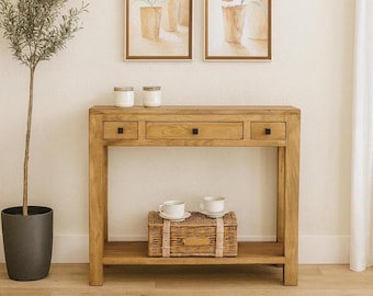 Consolle DOMO con 3 cassetti e ripiano / Mobile da ingresso in legno massello / Mobile da ingresso stretto, Rif. 800, Dimensioni 90*25*80