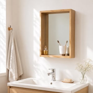 May include: A wooden framed bathroom mirror with a shelf, holding a small gold bottle, a white cup with toothbrushes, and a small bottle. A white sink with a chrome faucet is below the mirror. A beige towel hangs on a wooden hook.