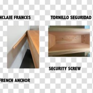 Puede incluir: Un sistema de montaje de estante de madera clara que presenta un anclaje franc&eacute;s a la izquierda y un tornillo de seguridad a la derecha. La imagen incluye el texto ANCLAJE FRANCES, TORNILLO SEGURIDAD, FRENCH ANCHOR y SECURITY SCREW como etiquetas.