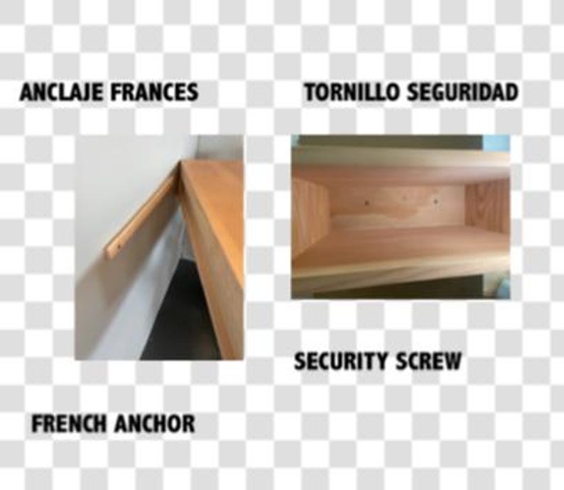 Puede incluir: Un sistema de montaje de estante de madera clara que presenta un anclaje franc&eacute;s a la izquierda y un tornillo de seguridad a la derecha. La imagen incluye el texto ANCLAJE FRANCES, TORNILLO SEGURIDAD, FRENCH ANCHOR y SECURITY SCREW como etiquetas.