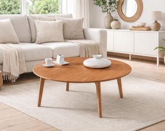VERA round coffee table in solid pine wood/ Round sofa table/ Low coffee table/ Table with 4 legs/ Ref. 400/401 Measurements 90/100*40