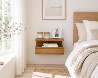 May include: A wall-mounted floating nightstand crafted from light-toned wood, featuring an open upper shelf and a lower drawer. The shelf holds two glass candles and a framed photograph, while the drawer provides additional storage space.
