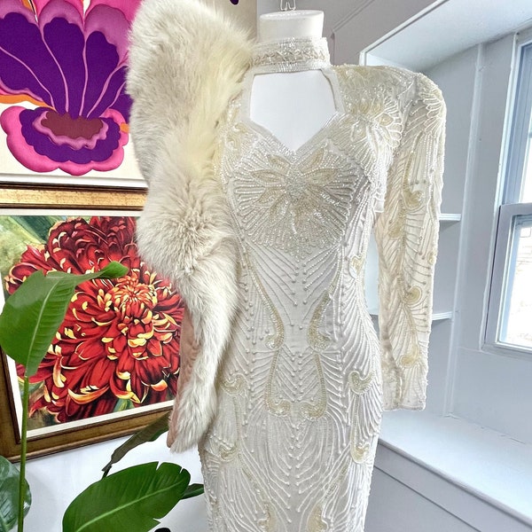 Vintage Deco Silk Beaded Dress. Ivory Beaded Silk Sequin Dress Gown. Beaded Dress. Beaded Silk Dress. Ivory Beaded Dress. Vintage Wedding.