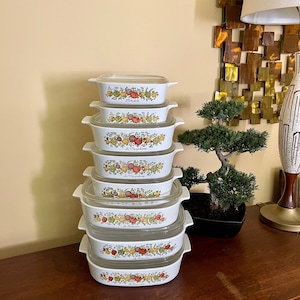 Vintage Spice of Life Dish Set. L&#39;Echolate. La Marjolaine. Le Romarin. Spice of Life Corning Ware. Lidded Casserole Dish. Vintage Ovenware.