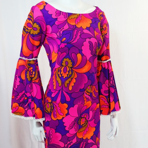 vintage | 60s mod psychedelic bright pink floral babydoll maxi pencil dress xs s