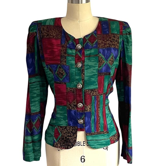Vintage Lady Carol Multicolor Boho Hippie Blazer Jacket. Colorful Abstract Button-Up Jacket. Boho Patterns and Shapes. Hippiecore. 70s. 80s.