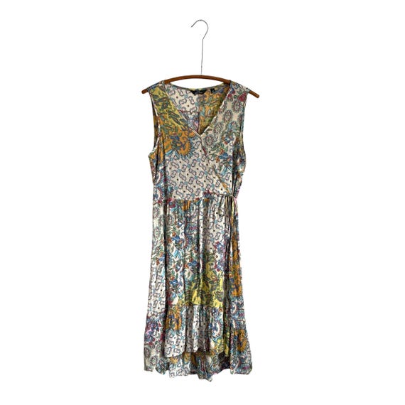 Bohemian Hippie Sleeveless Boho Midi Dress. Colorful Multi-Patterned Mid-Length V-Neck Wrap Dress. Waist Tie. Y2K. 2000s.