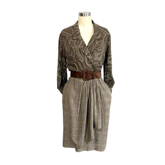 Vintage Paisley Plaid Faux Wrap Dress: Draped Side Waist, V-Neck, Jackie Bernard Dress.