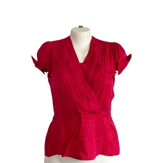 Vintage Silk Blend Rose Print Top: Cherry Red Wrap Blouse, 80s/90s