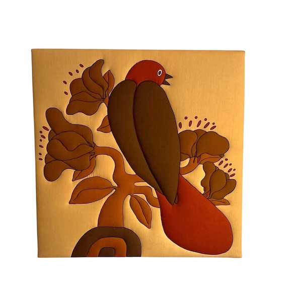 Vintage Mid Century Modern 3D Bird Flower Square Art. Finland. Howard Smith for Vallila. MCM Fabric Print. Textile Print Art. 60s. 70s. 80s.