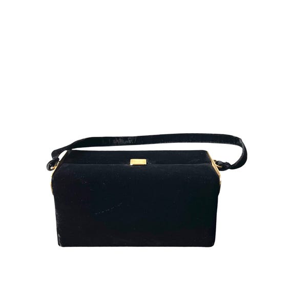 Vintage Debbie & Jerome Black Velvet Gold Hand Bag. MCM Designer Velvet Evening Box Handbag. Goldtone Metal. Pin Up VLV Retro. 50s 60s 70s.