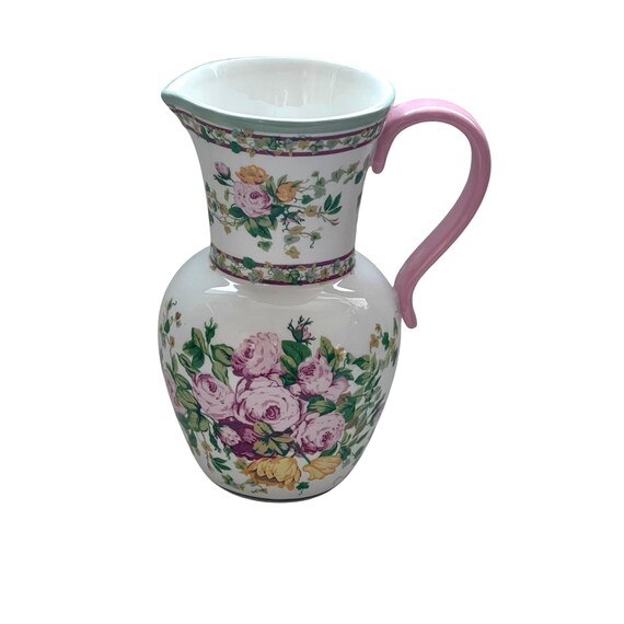 Vintage Laura Ashley Vase. 80s 90s Floral Pitcher Vase. White Ceramic Floral Vase. Pink Handle Vase. FTD Floral Vase Pitcher. Cottagecore.