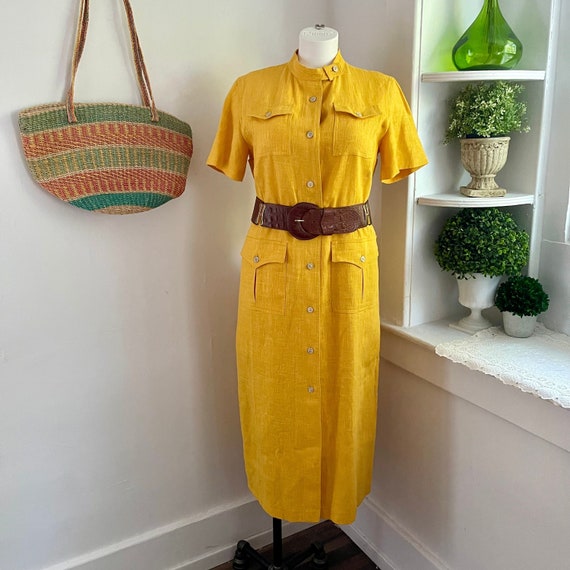 Harvé Benard Linen Dress. Midi Dress. Marigold Gold Dress. Womens Midi Dress. Button Front Midi Dress. Safari Midi Dress. Duster Midi Dress
