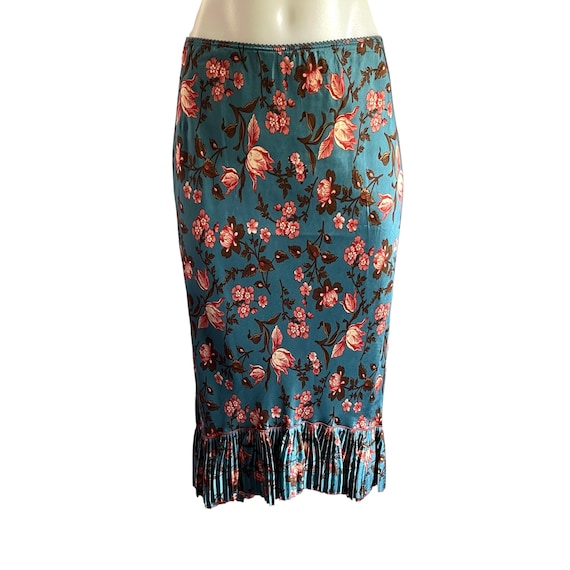 Vintage Anthropologie Odille Skirt. Teal Green Floral Bias Skirt. 90s 00s 2000s Pencil Skirt w/Pleated Hem. Dark Academia Glam Skirt. XS S.